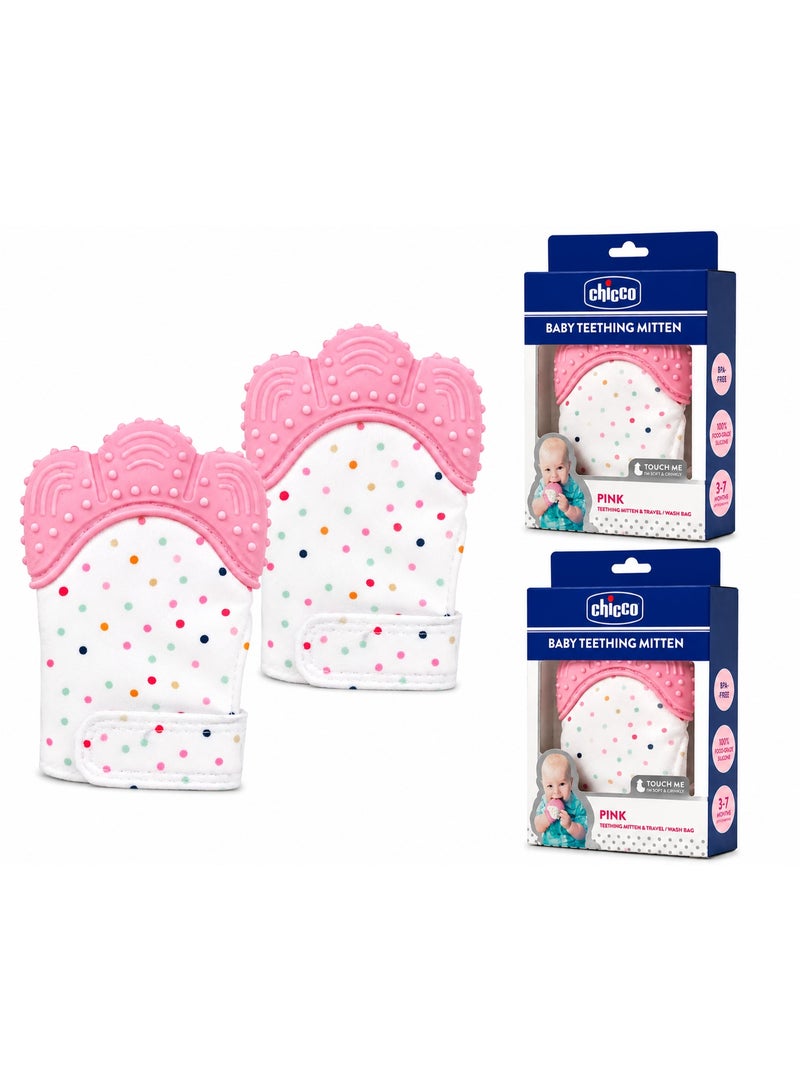 CHICCO Baby Teething Mitten Set, 2 Pieces, Food-Grade Silicone, Pink - Image 1
