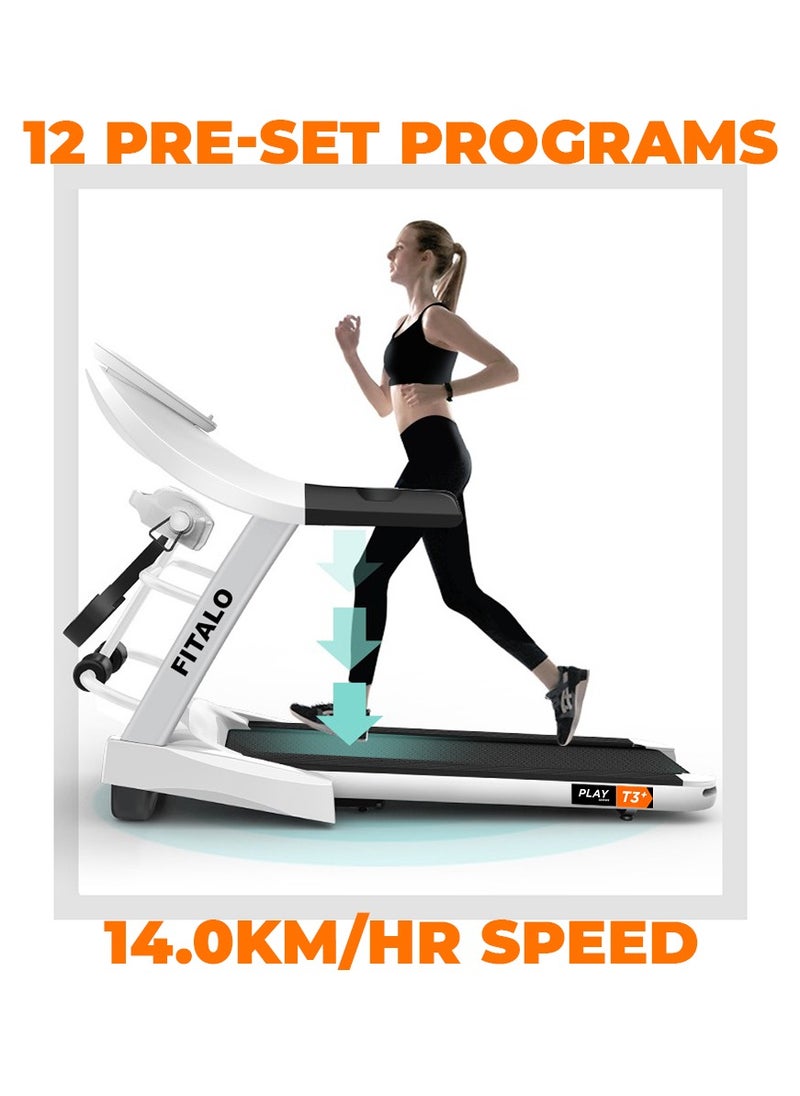 Fitalo PlayT3 Plus (5HP Peak) Motorized Multi-function Treadmill for Home with Massager,12 Pre-Set Workout,Max Speed 14/hr,Max User 100 kg,Foldbable,(Free Installation Assistance),1 Year Warranty