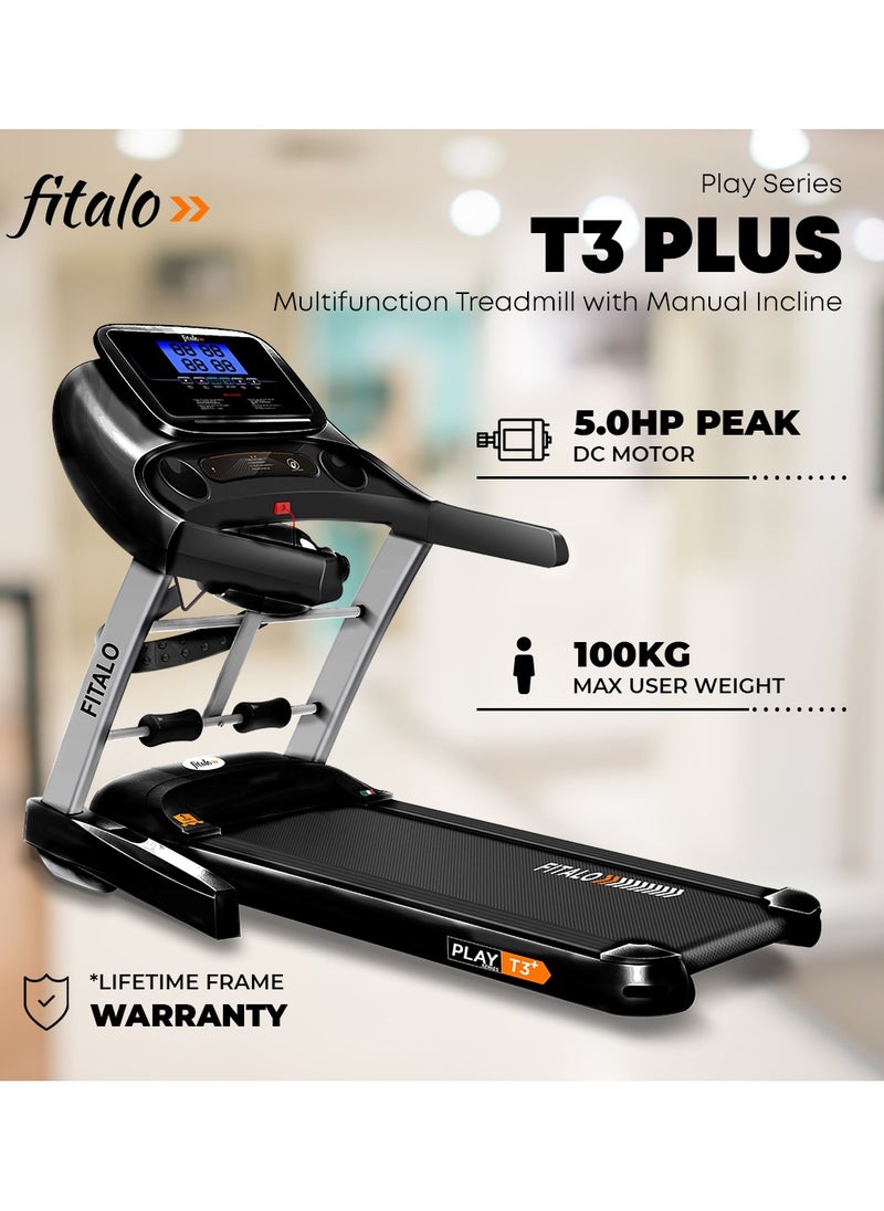 Fitalo PlayT3 Plus (5HP Peak) Motorized Multi-function Treadmill for Home with Massager,12 Pre-Set Workout,Max Speed 14/hr,Max User 100 kg,Foldbable,(Free Installation Assistance),1 Year Warranty
