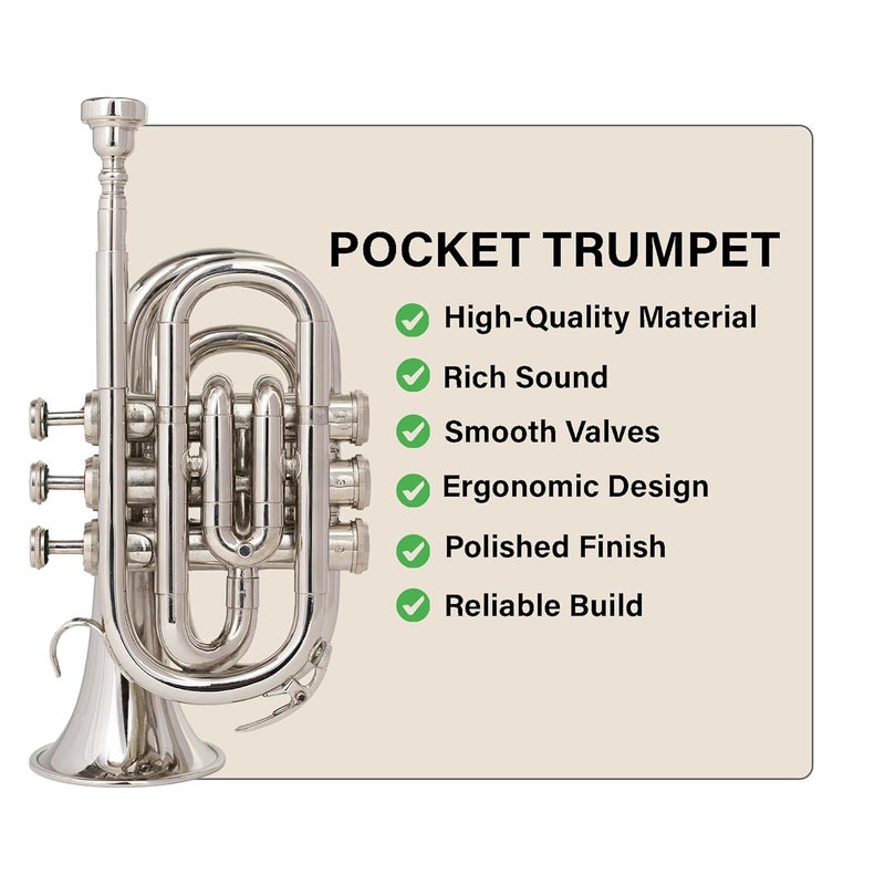 QUEENBRASS Pocket Trumpet in Bb Pitch – Chrome Finish Brass Instrument with Mouthpiece & Case | Compact Design for Students, Beginners & Professionals - Image 3