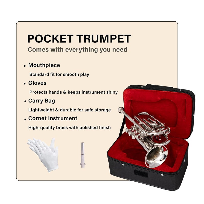 QUEENBRASS Pocket Trumpet in Bb Pitch – Chrome Finish Brass Instrument with Mouthpiece & Case | Compact Design for Students, Beginners & Professionals - Image 4