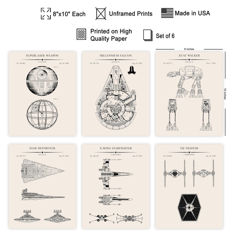 Poster Master 6-Piece Sci Fi Characters Blueprint Poster - Spaceship Patent Print - Fighter Jet Design - Armored Walker Art - Fantasy Print - Great Living Room or Kid's Room Decor - 8x10 UNFRAMED - Image 2