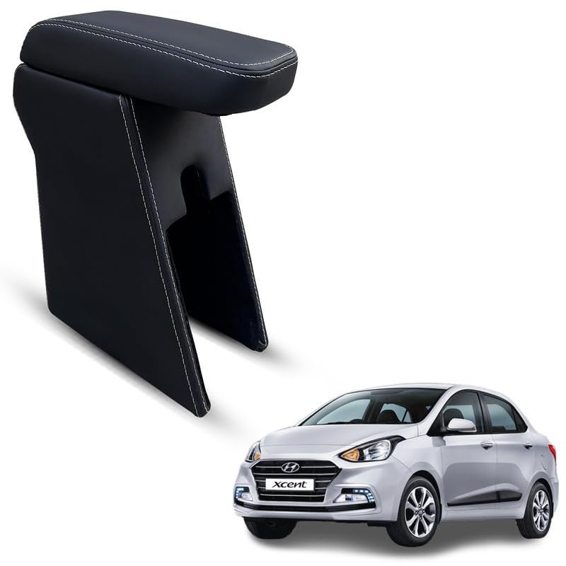 Carigiri Premium Finish Car Armrest with Storage Box And High Density Moulded Foam For Hyundai Xcent (Black With White Double Stitching,Nappa Leatherette) - Image 1