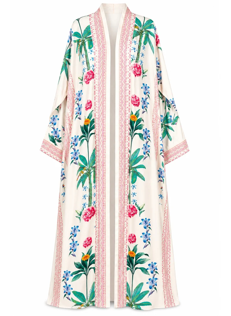 Amnad International Ivory Tropical Heaven Abaya Set with Printed Chiffon Hijab, Sizes 52-60 inches