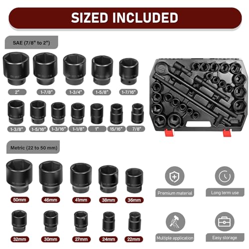 Bzsunway 27 PCS Master Impact Socket Set 3/4-Inch-Drive Jumbo Impact Socket Set,Standard SAE (7/8" to 2") and Metric (22 to 50 mm) Size Socket Set with Extension - Image 2