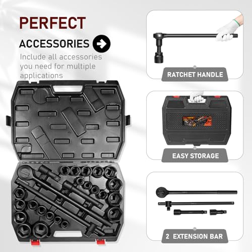 Bzsunway 27 PCS Master Impact Socket Set 3/4-Inch-Drive Jumbo Impact Socket Set,Standard SAE (7/8" to 2") and Metric (22 to 50 mm) Size Socket Set with Extension - Image 3
