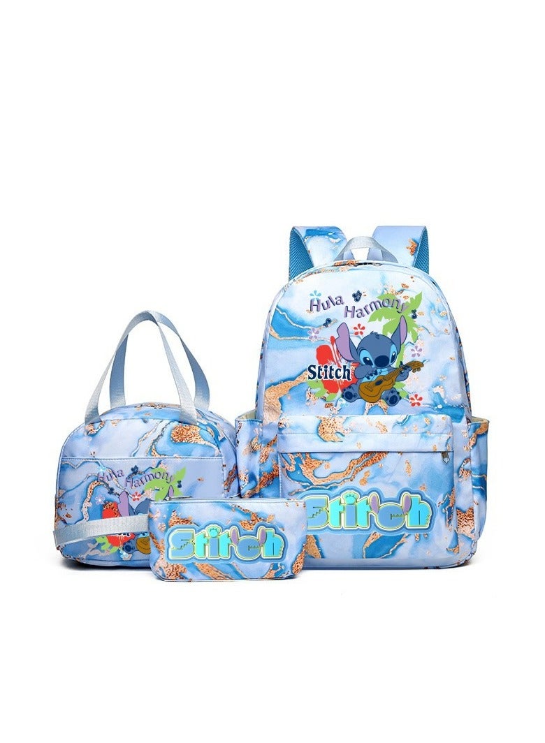 Stitch Golden Quicksand Texture Schoolbag Waterproof Primary and Secondary School Student Backpack Youth Travel Backpack 31*43*15CM + Lunch Bag 27*20*20CM + Pencil Case Three-piece Set
