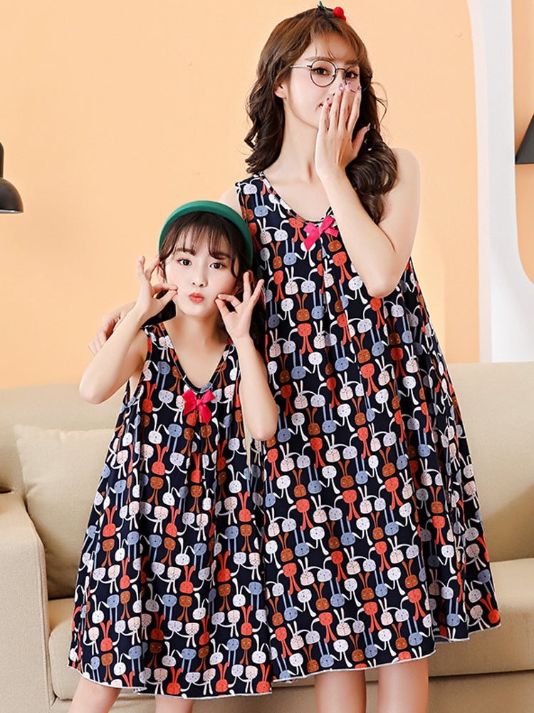 Girl'S Nightdress Cotton Silk Thin Children Parent-Child Mother And Dresses Girl'S Pleated Princess Dress Home Dress Pajamas - Image 4