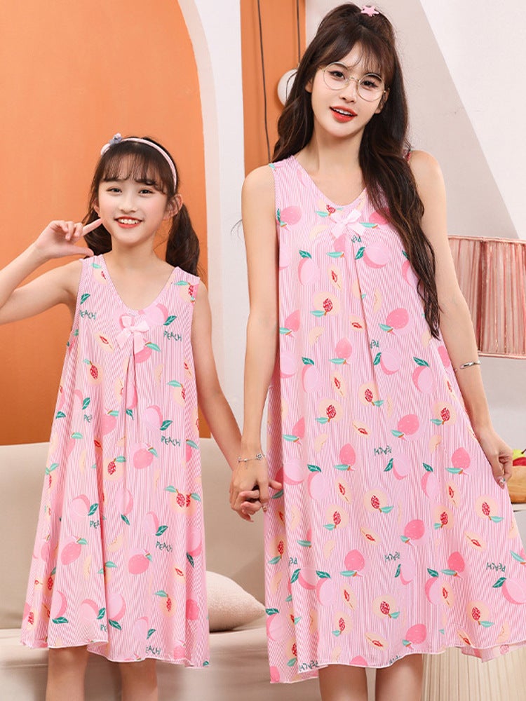 Girl'S Nightdress Cotton Silk Thin Children Parent-Child Mother And Dresses Girl'S Pleated Princess Dress Home Dress Pajamas - Image 2