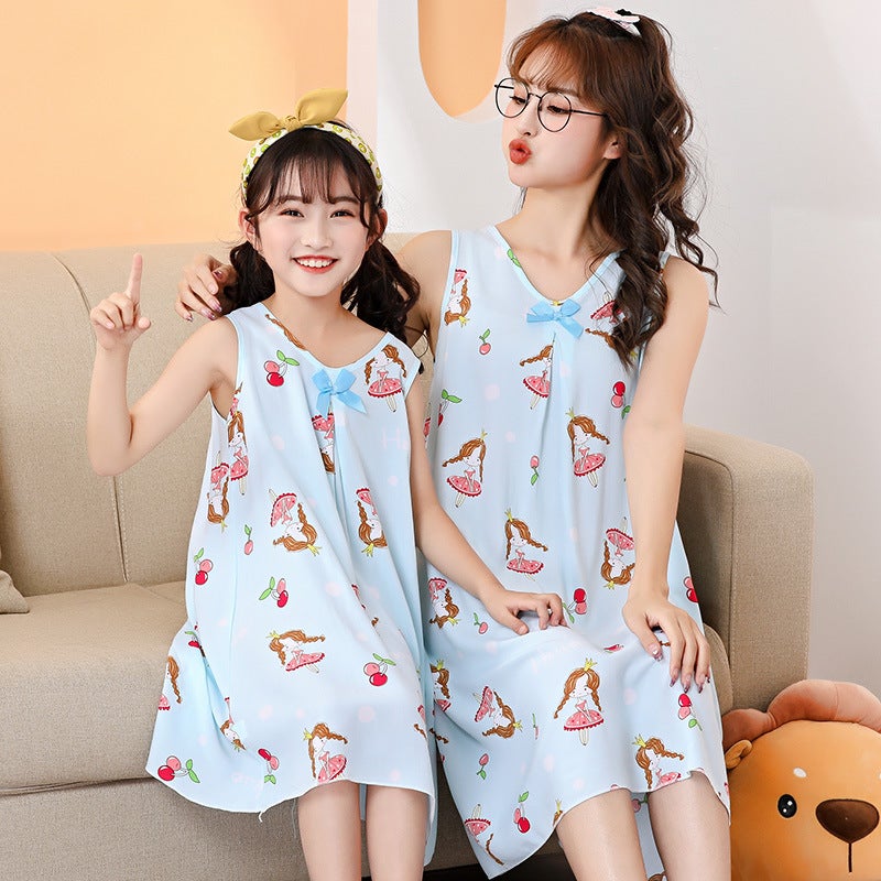 Girl'S Nightdress Cotton Silk Thin Children Parent-Child Mother And Dresses Girl'S Pleated Princess Dress Home Dress Pajamas - Image 1
