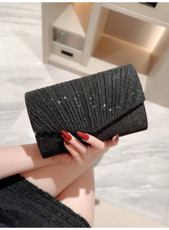 Luxury Elegant Moonlight Evening Bag - Soft Cashmere Sparkling Beaded Clutch with Chain Strap & Pleated Detail - Perfect for Women, Brides at Parties, Weddings & Formal Events - Image 4