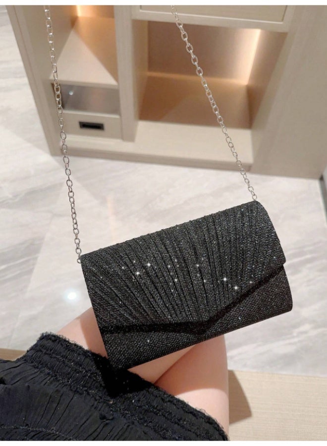 Luxury Elegant Moonlight Evening Bag - Soft Cashmere Sparkling Beaded Clutch with Chain Strap & Pleated Detail - Perfect for Women, Brides at Parties, Weddings & Formal Events - Image 3