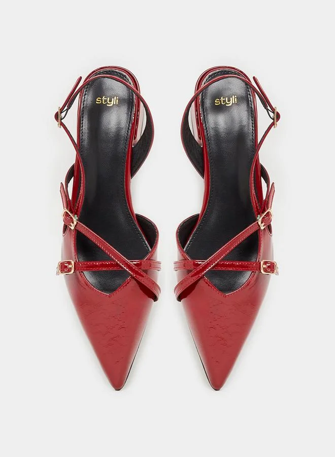 Styli Faux Leather Slingback Shoes with Buckle Closure