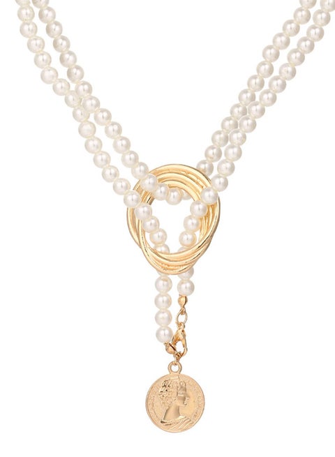 Elegant Long Pearl Necklace for Women, Retro Metal Design with White Faux Pearls, 31In Beaded Sweater Chain Costume Jewellery