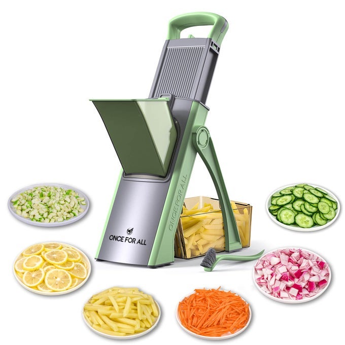 UPGRADE SAFE MANDOLINE SLICER PLUS ADJUSTABLE VEGETABLE FOOD CHOPPER POTATO FRIES FRENCH FRY CUTTER DETACHABLE BLADE KITCHEN CHOPPING ARTIFACT NEW KITCHEN GIFT JS03 GREEN