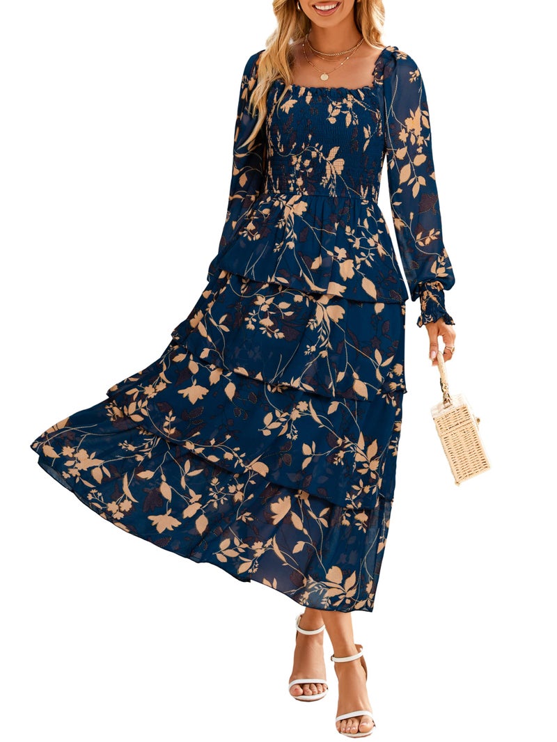 Simplee Womens Long Sleeve Floral Wedding Guest Dress Flowy Tiered Smocked Square Neck Fall Boho Maxi Dresses Ink Blue L - Image 1