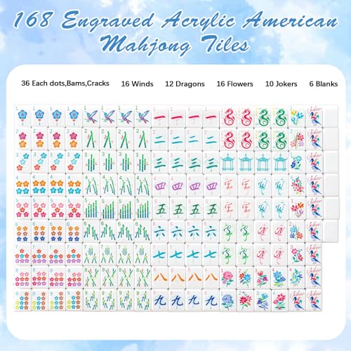 Soulchen 14 Inch Acrylic Blue American Mahjong Set 168 Blossom Numbered Tiles Tiles Bag and Portable Case Classic Complete Mahjong Set for Adult Collection Gift - Image 5