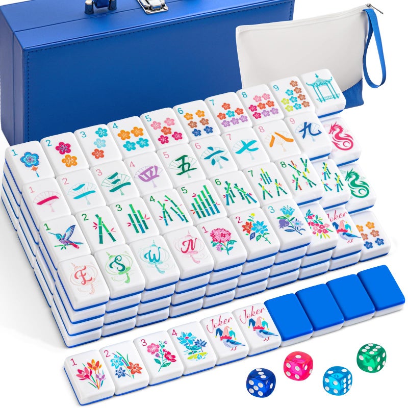 Soulchen 14 Inch Acrylic Blue American Mahjong Set 168 Blossom Numbered Tiles Tiles Bag and Portable Case Classic Complete Mahjong Set for Adult Collection Gift - Image 3
