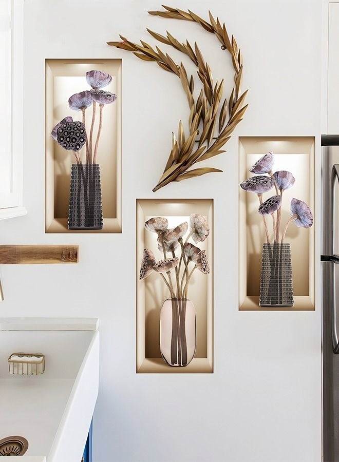 MIXDE 3-Piece 3D Vase Flowers Wall Sticker,Self-adhesive Plant Dried Vase Simulation Wall Sticker,For Bedroom Room Decoration,22cmx50cm - Image 2