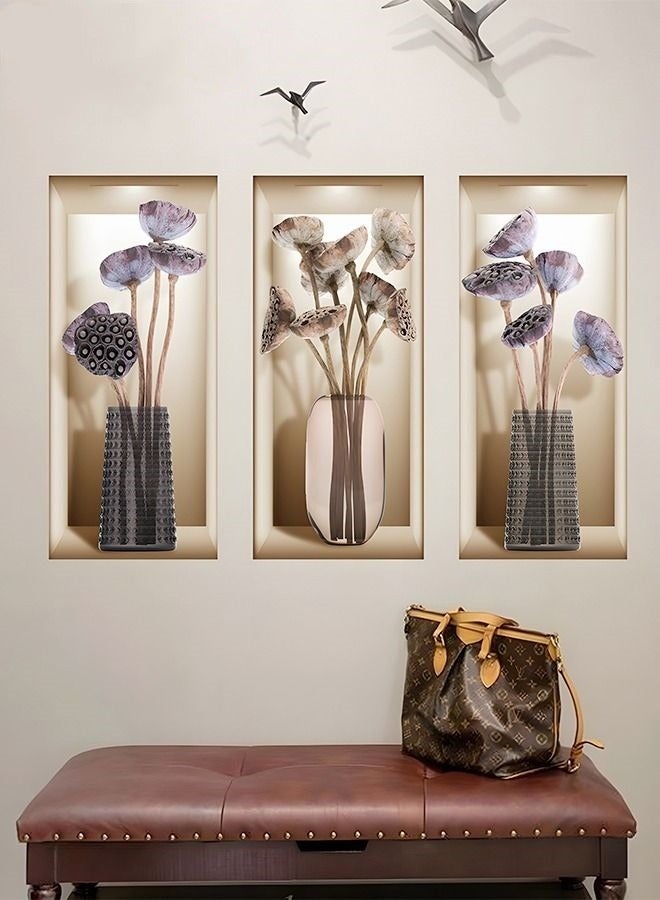MIXDE 3-Piece 3D Vase Flowers Wall Sticker,Self-adhesive Plant Dried Vase Simulation Wall Sticker,For Bedroom Room Decoration,22cmx50cm - Image 5