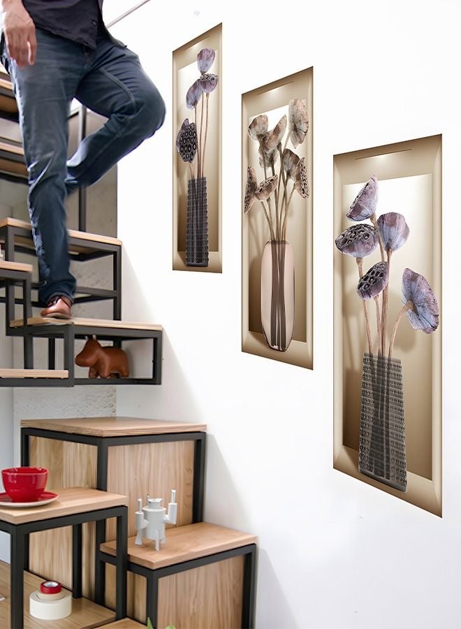 MIXDE 3-Piece 3D Vase Flowers Wall Sticker,Self-adhesive Plant Dried Vase Simulation Wall Sticker,For Bedroom Room Decoration,22cmx50cm - Image 4