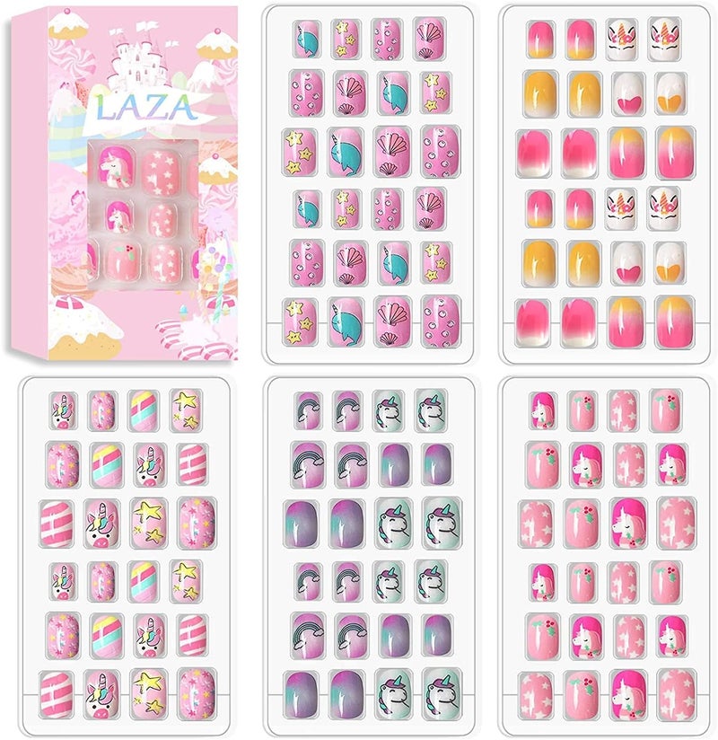 Laza 120 Pcs Children Nails Press On Kids False Nail Preglue Full Cover Colorful Rainbow Sparkle Star Unicorn Shell Short Acrylic Nail Tips DIY Gift for Little Girls Teenager Legend of Unicorn