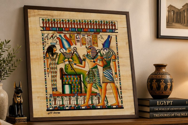 هاندرد بلس ورق بردي مصري طبيعي أصلي مقاس A3 للوحة بالكامل مصنوع يدويًا في مصر من نبات البردي الحقيقي بتصميم مجلس الآلهة أوزوريس وحورس وإيزيس مطبوع للديكور والهدايا التذكارية - Image 2