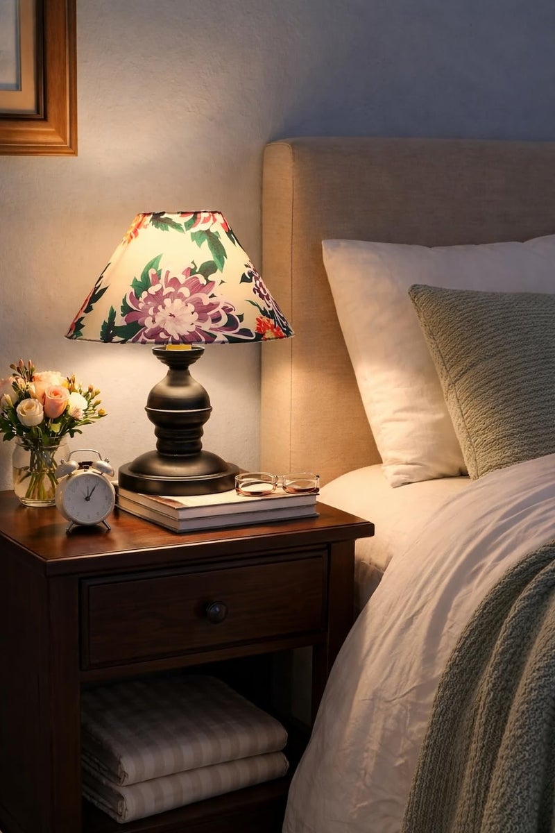 tu casa Urban Radiance Table Lamp | Black Metal Base | Carnation Print Satin Shade | Bedside Decorative Lamp for Bedroom Living Room Office Study | Home Décor & Gifting - Image 2