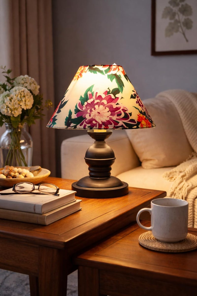 tu casa Urban Radiance Table Lamp | Black Metal Base | Carnation Print Satin Shade | Bedside Decorative Lamp for Bedroom Living Room Office Study | Home Décor & Gifting - Image 1