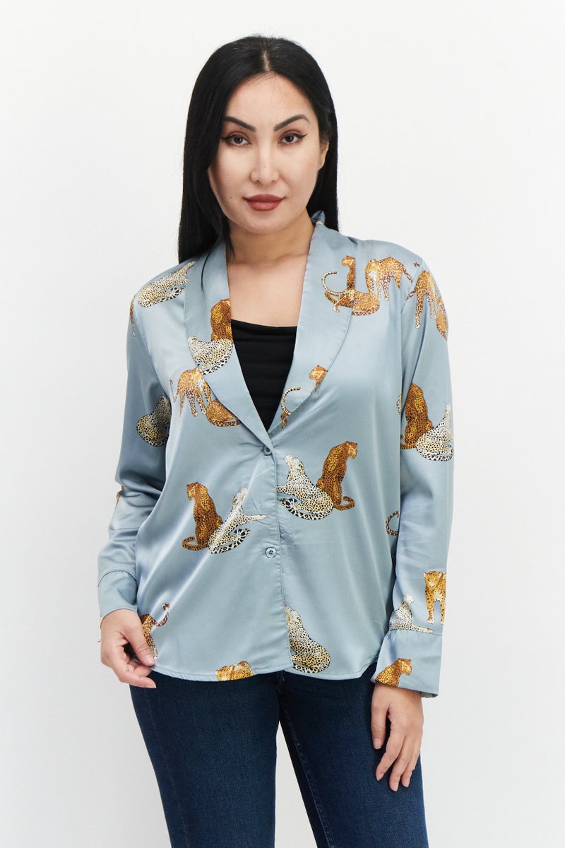 bebe Women Split Neck Long Sleeves Allover Print Shirt, Grey - Image 1