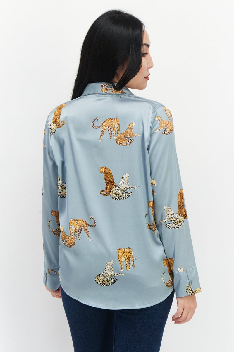 bebe Women Split Neck Long Sleeves Allover Print Shirt, Grey - Image 2