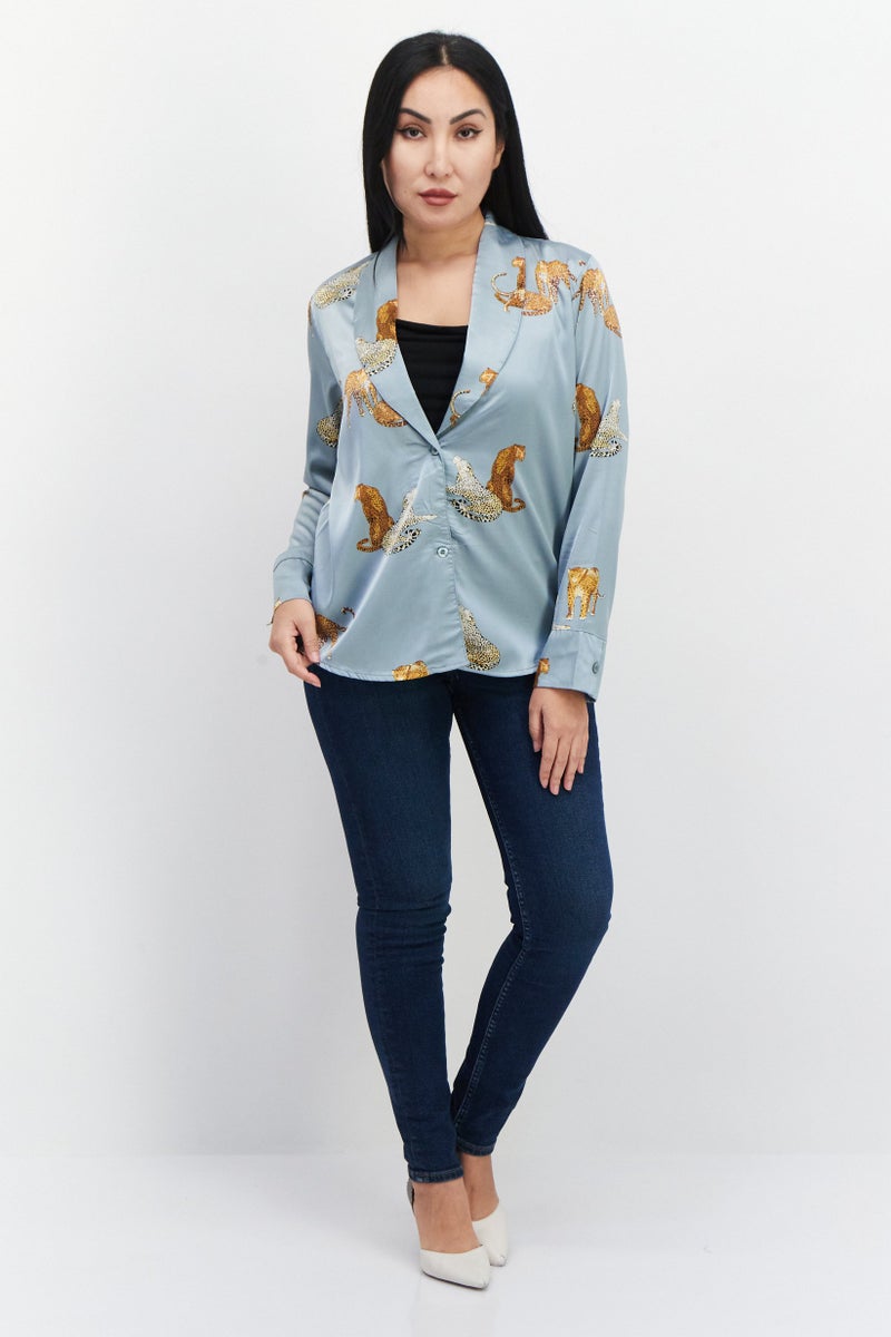 bebe Women Split Neck Long Sleeves Allover Print Shirt, Grey - Image 4