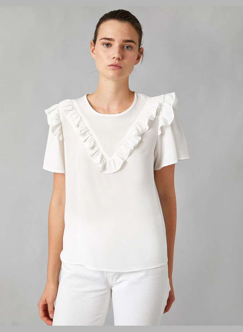 KOTON Short Sleeve Crew Neck Frilled Blouse