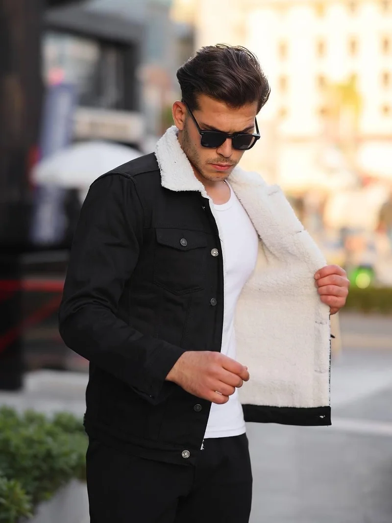 Pobudo Black Color Fur Lined Men's Denim Coat