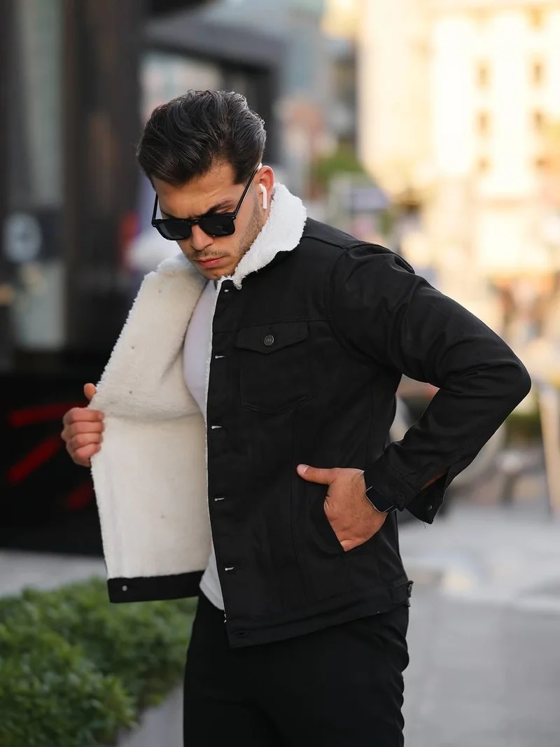 Pobudo Black Color Fur Lined Men's Denim Coat