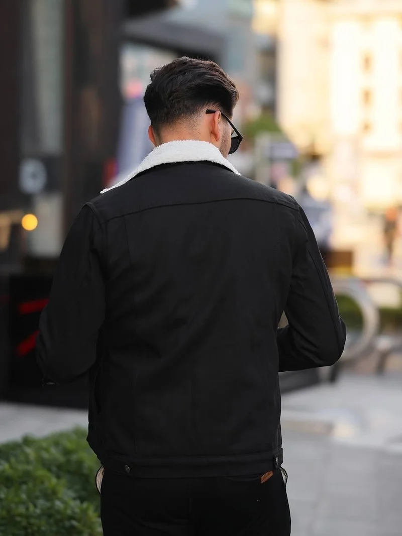 Pobudo Black Color Fur Lined Men's Denim Coat