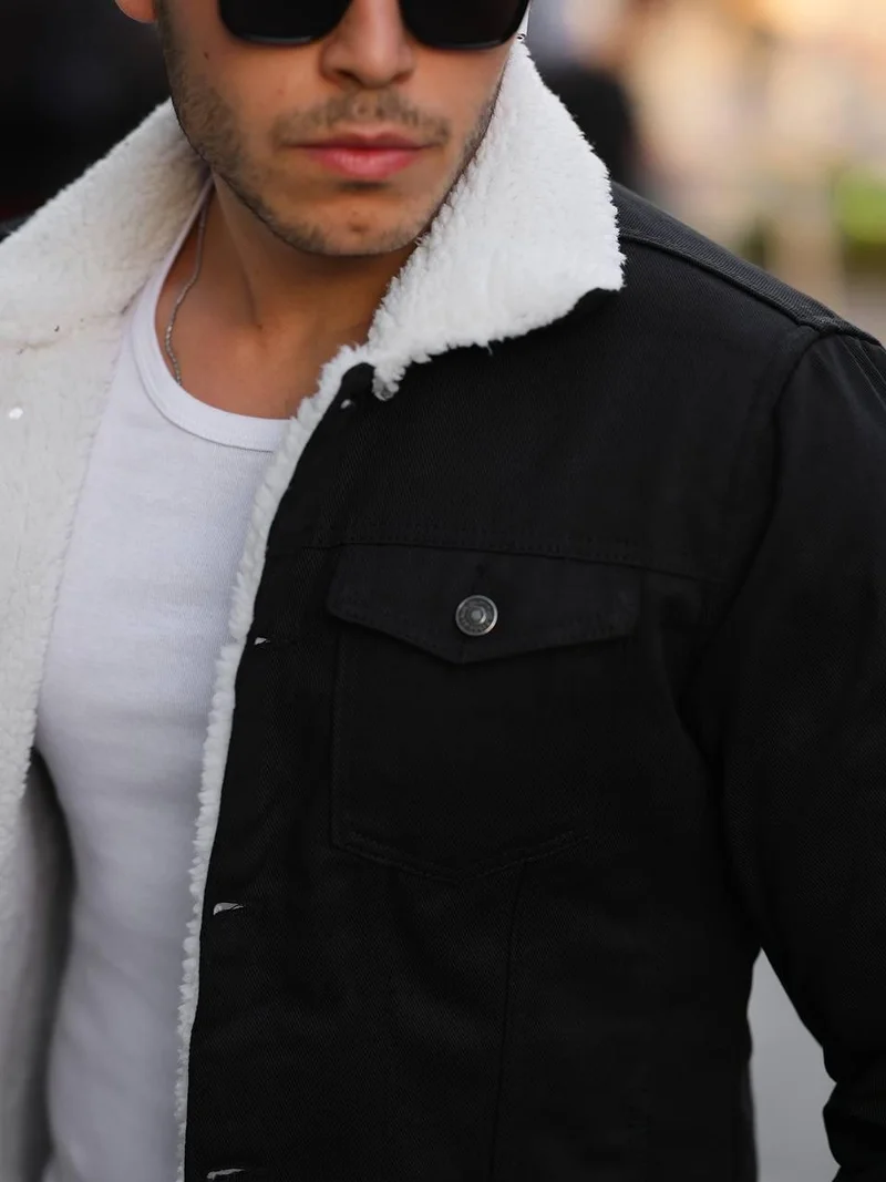 Pobudo Black Color Fur Lined Men's Denim Coat