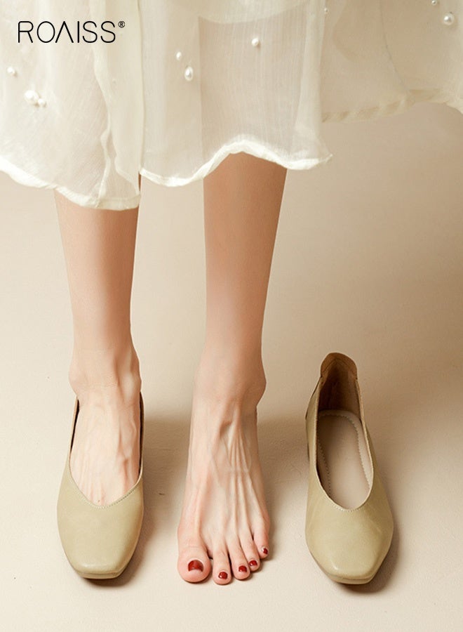 roaiss Women's Square Toe Shallow Low Heel Shoes Comfortable Slip-On Loafers with Breathable Design and Non-Slip Soles, Flat Shoes Perfect for Daily Wear, Comfort and Practicality for Everyday Wear Beige - Image 3