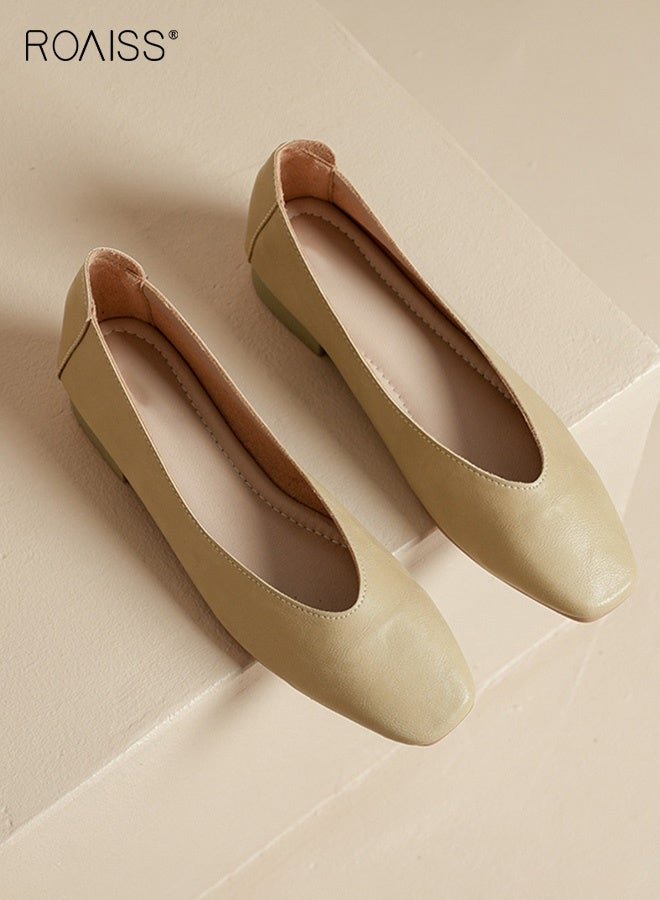 roaiss Women's Square Toe Shallow Low Heel Shoes Comfortable Slip-On Loafers with Breathable Design and Non-Slip Soles, Flat Shoes Perfect for Daily Wear, Comfort and Practicality for Everyday Wear Beige - Image 5