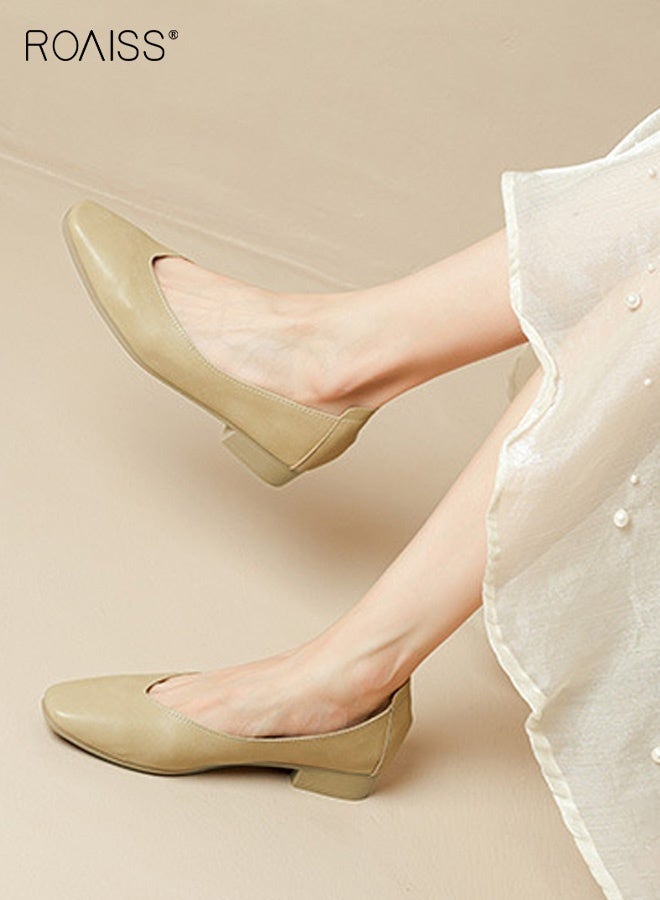 roaiss Women's Square Toe Shallow Low Heel Shoes Comfortable Slip-On Loafers with Breathable Design and Non-Slip Soles, Flat Shoes Perfect for Daily Wear, Comfort and Practicality for Everyday Wear Beige - Image 1