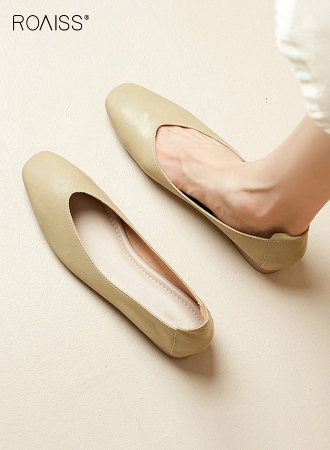 roaiss Women's Square Toe Shallow Low Heel Shoes Comfortable Slip-On Loafers with Breathable Design and Non-Slip Soles, Flat Shoes Perfect for Daily Wear, Comfort and Practicality for Everyday Wear Beige - Image 2