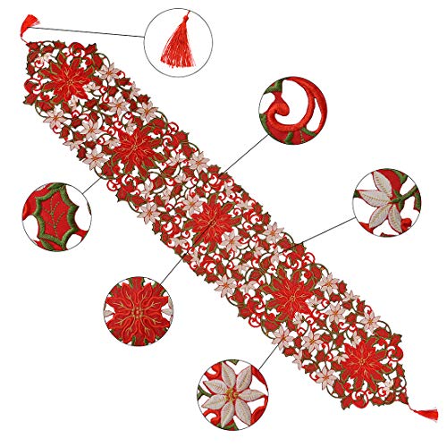 Simhomsen Embroidered Christmas Holiday Red Poinsettia Table Runner 13 × 90 Inch - Image 2