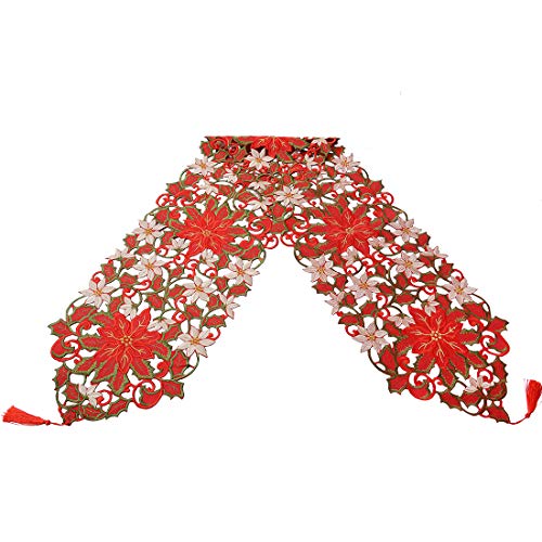 Simhomsen Embroidered Christmas Holiday Red Poinsettia Table Runner 13 × 90 Inch - Image 3