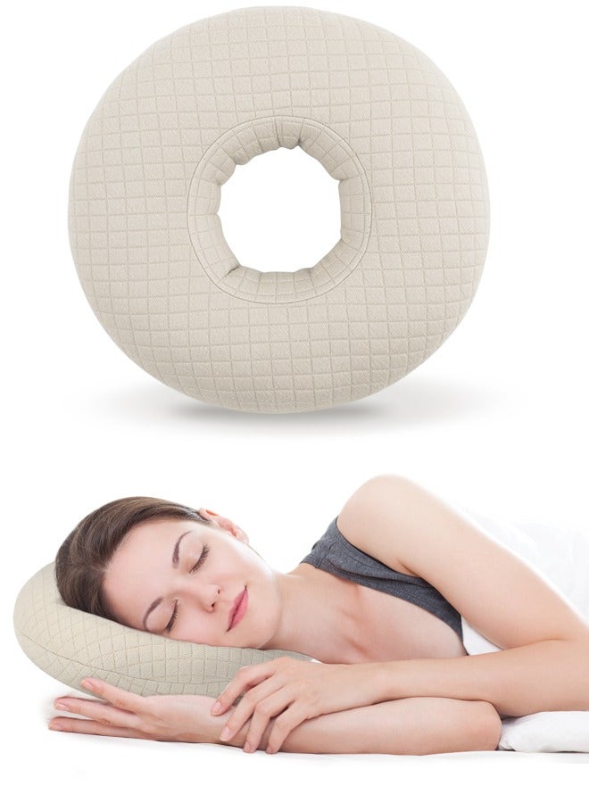 Ear Piercing Pillow for Side Sleepers, Ear Pillows with Holes for Ear Pain, Ear Inflammation Pressure Sores, Cotton Earring Pillow for CNH Side Sleepers, Beige  - Image 1