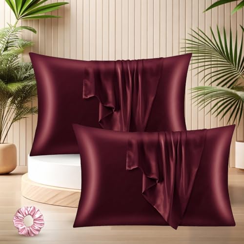 SITTELLA® 72x46 cm Set of 2 Satin Silk Pillow Covers | 600 TC Soft Pillowcase for Hair & Skin | Envelope Closure | Maroon |1 Free Scrunchie Included - Image 1