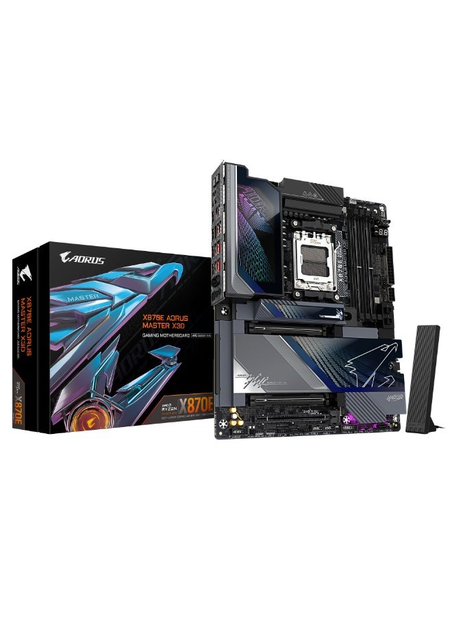 جيجابايت لوحة أم X870E AORUS MASTER X3D – مقبس AMD AM5، شريحة X870E، دعم Ryzen 7000/8000/X3D، ذاكرة DDR5 EXPO، PCIe 5.0، 5× فتحات M.2، LAN بسرعة 10GbE + 5GbE، Wi-Fi 7، USB4 Type-C، VRM متقدم وتبريد، RGB Fusion | 9MX87EMX-00-G10 - Image 1