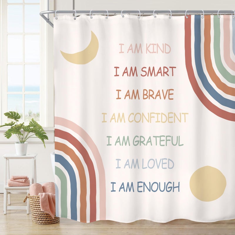 Imirell Imirell Kids Boho Rainbow Inspirational Quotes Shower Curtain 60Wx72H Inches Abstract Motivational Positive Teen Girls Women Pink Muted Moon Sun Fabric Waterproof Polyester with 12 Pack Hooks Plastic - Image 1
