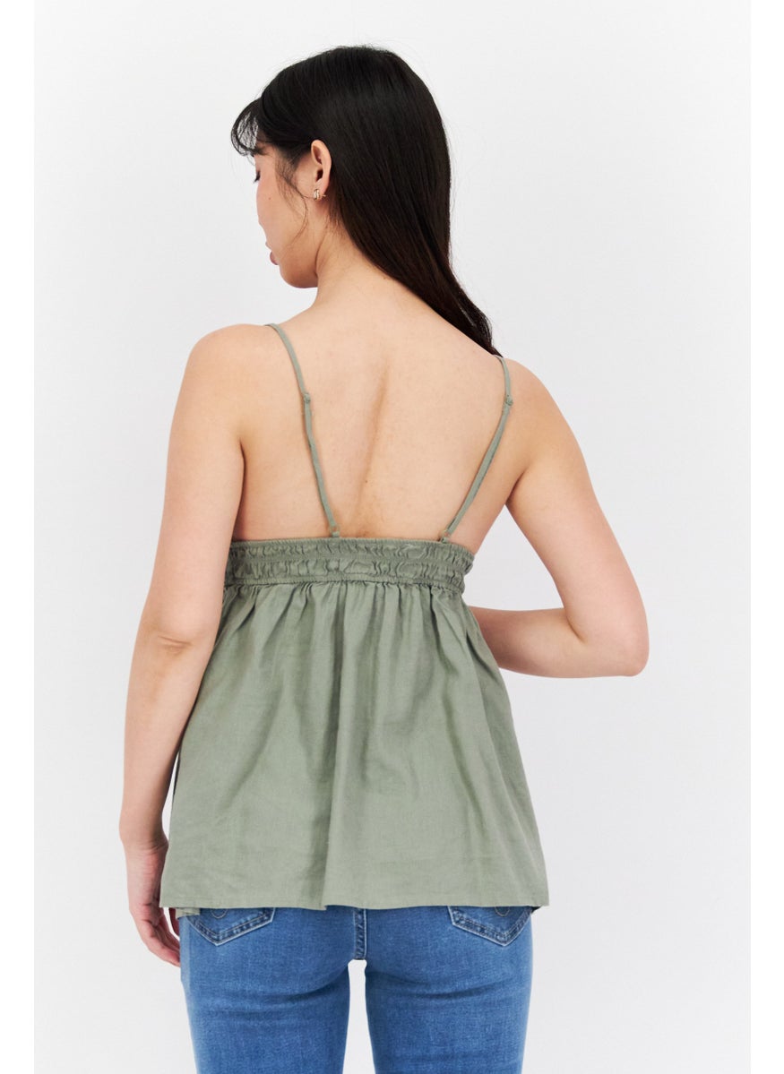 Etam Women V-Neck Sleeveless Plain Top, Dusty Olive  - Image 2