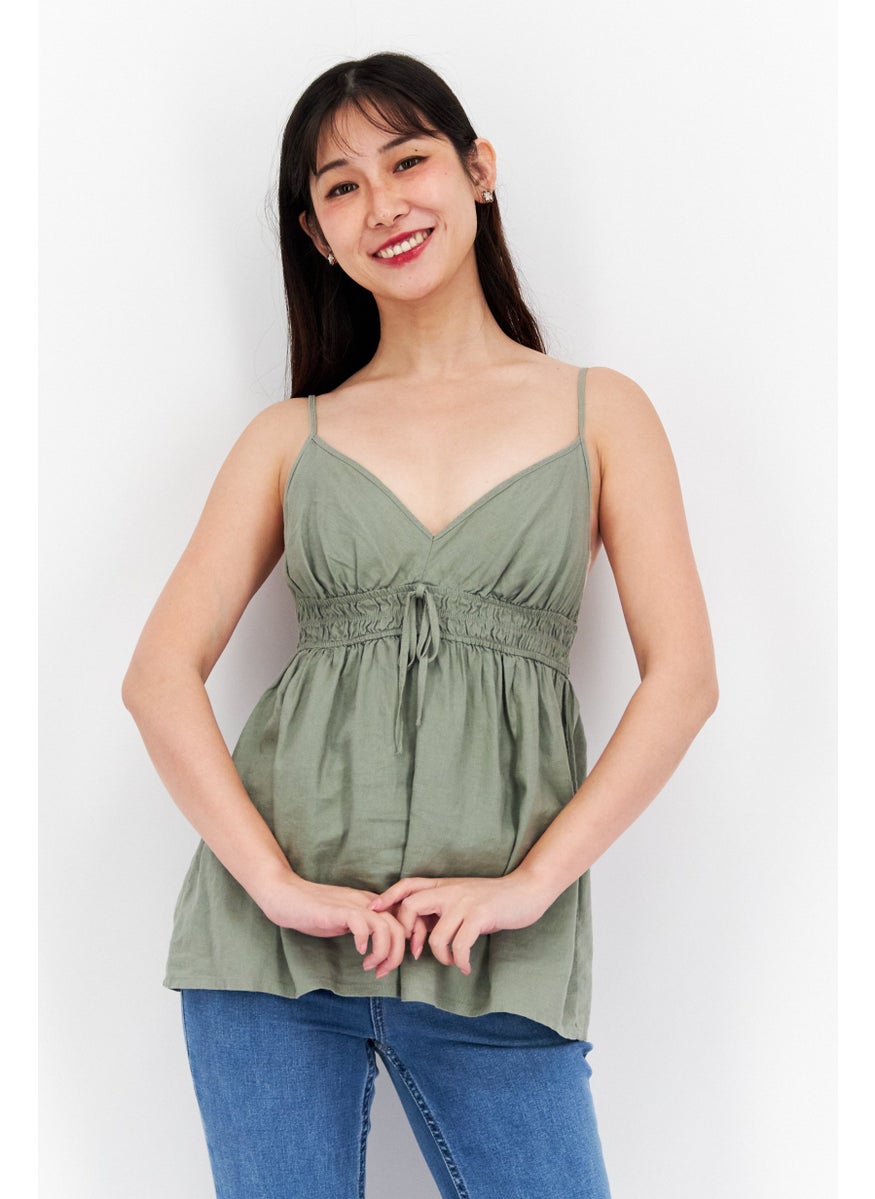 Etam Women V-Neck Sleeveless Plain Top, Dusty Olive  - Image 1