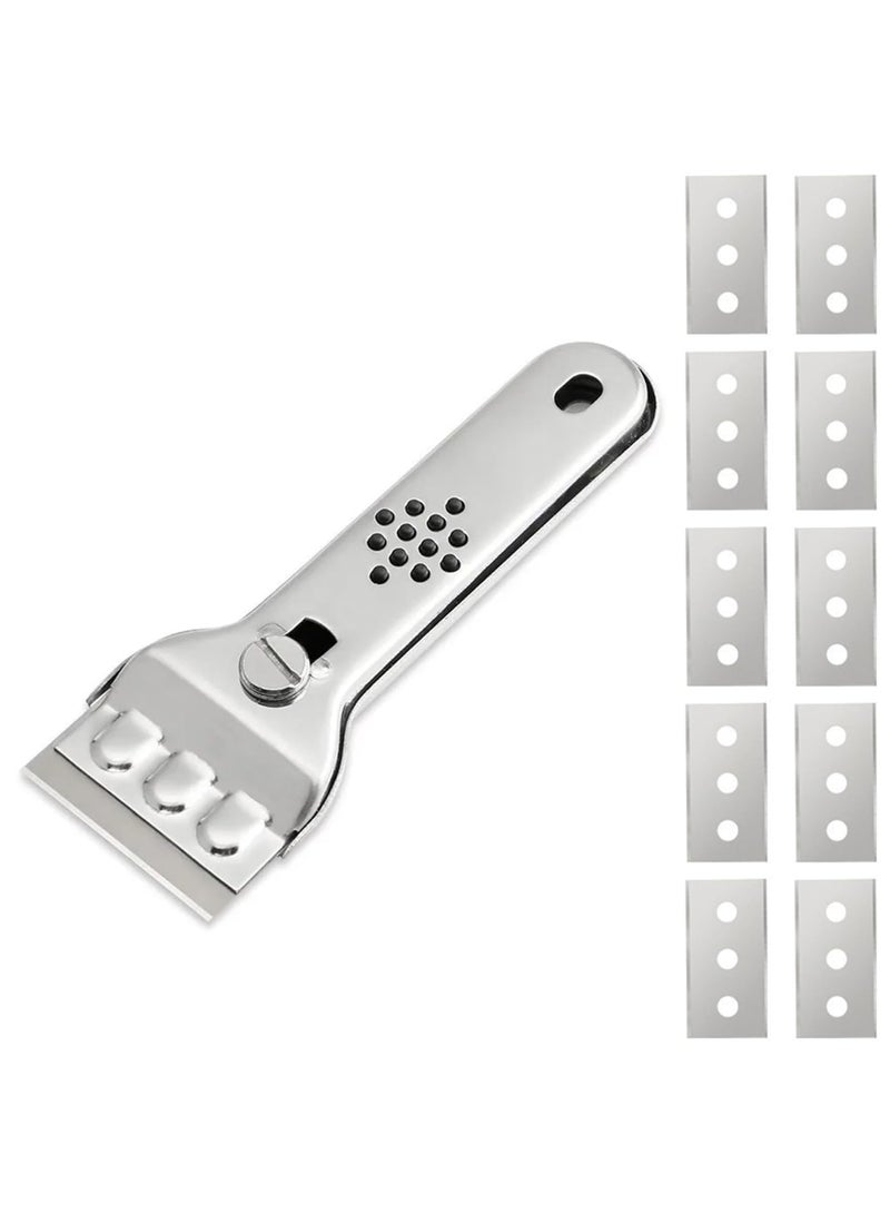 Stainless Steel Ceramic Hob Scraper with Locking Retractable Razor Blade, Includes 10 Replacement Blades, Durable Kitchen Scraper for Cleaning Glass, Ceramic, Oven, Cooktop, and Windows (Silver) - Image 1